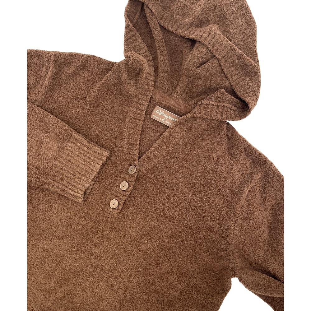 Life is Good Womens XL Brown Boucle Henley Hoodie Sweater Long Sleeve Solid
